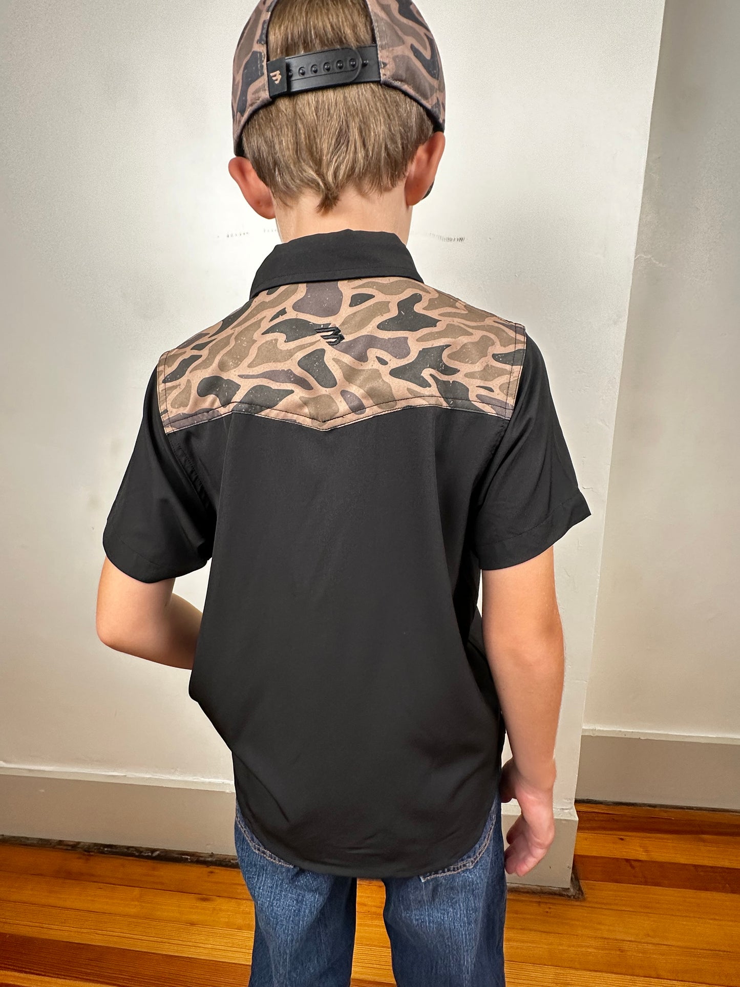 BURLEBO | YOUTH | Performance Western Shirt | Deer Szn | Black + Gauge Camo