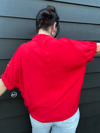 Embroidered Short Sleeve Top | Red