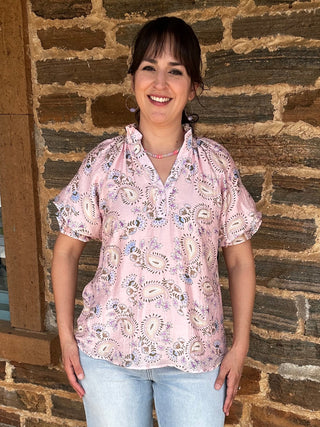 Paisley Floral Short Sleeve Top | Pink + Multi