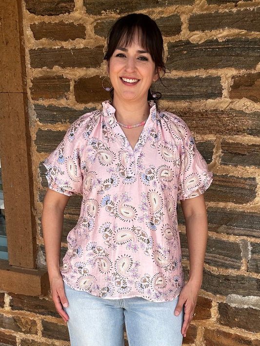 Paisley Floral Short Sleeve Top | Pink + Multi