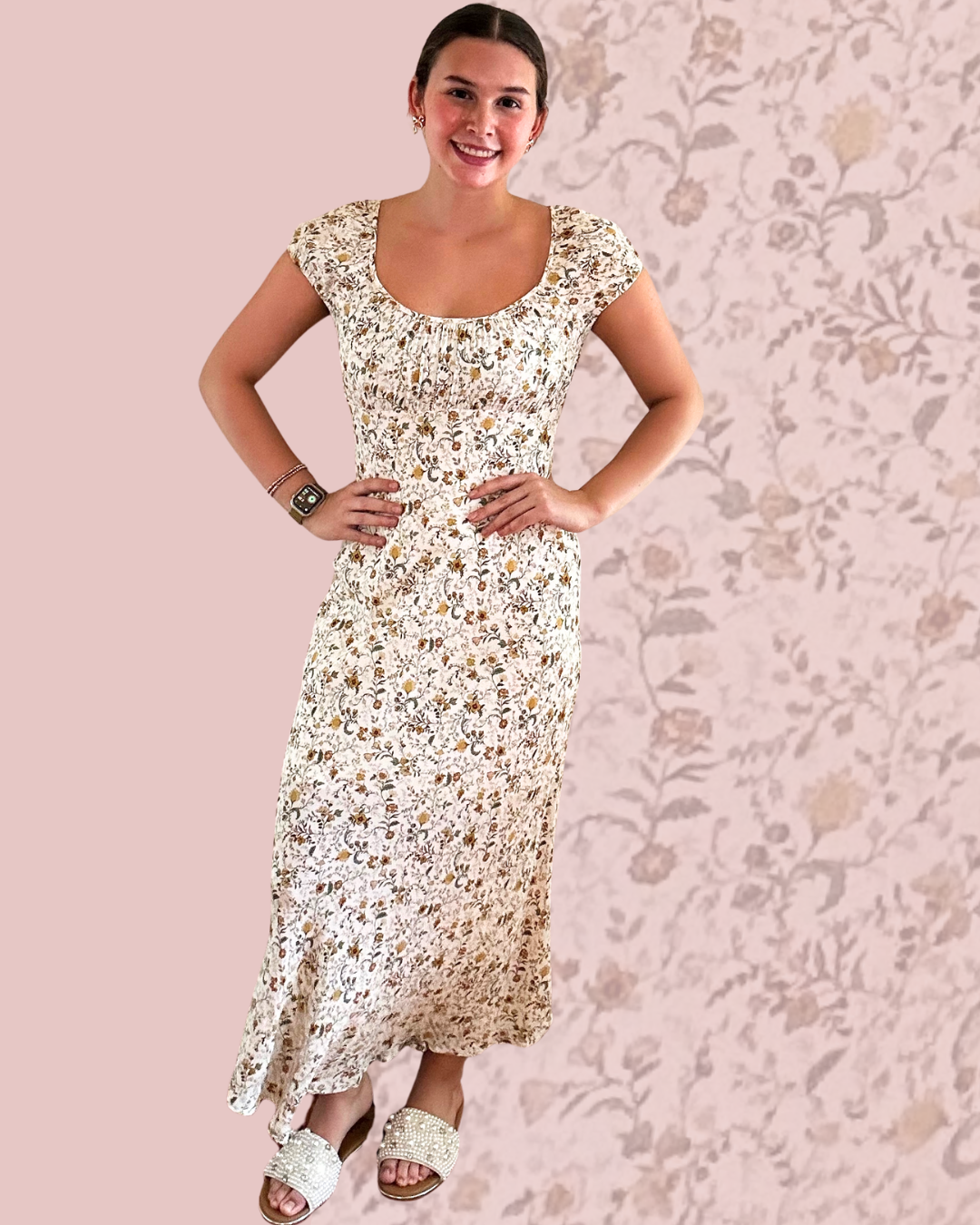 Scoop Neck Midi Dress | Cream + Floral