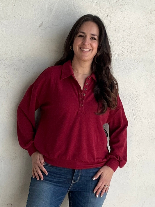 Collared Half Snap Knit Long Sleeve | Deep Red