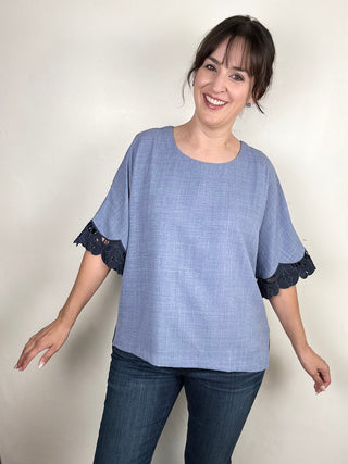 Solid Lace Trim Dolman Short Sleeve Top | Denim + Navy