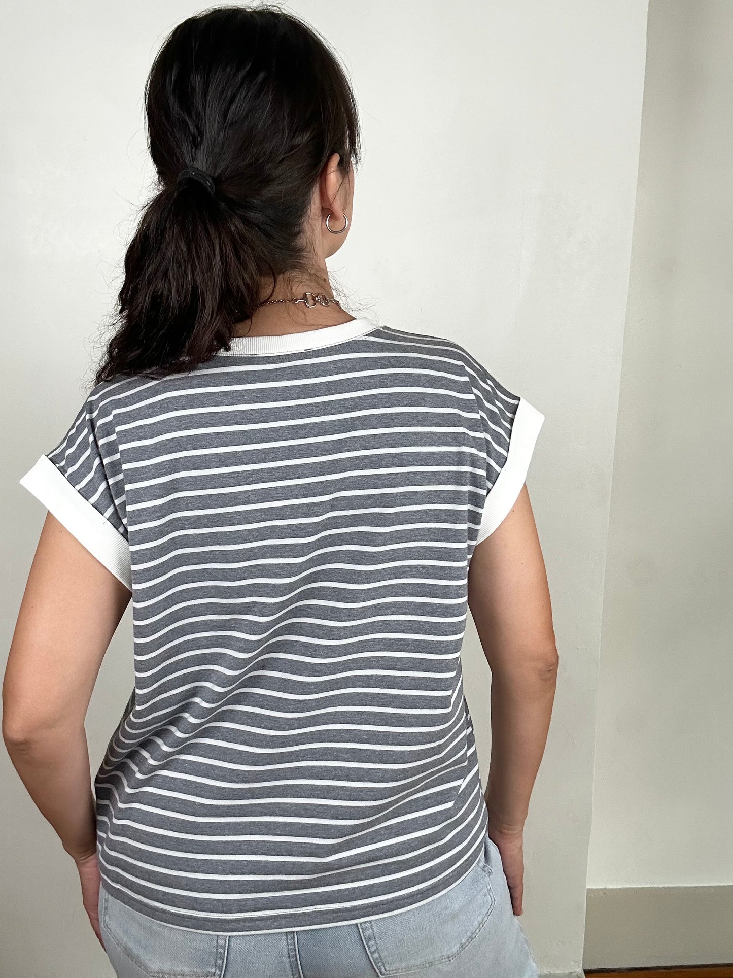 Spaced Stripe Tee w/ Contrast Trim | Charcoal + White