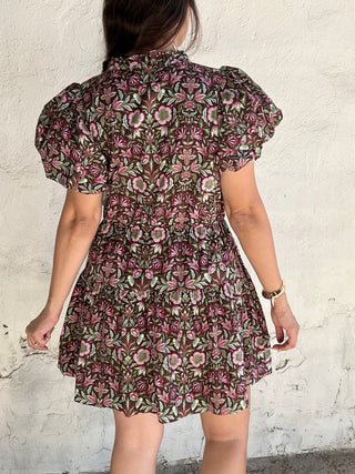 Floral Print Short Puff Sleeve Mini Dress | Brown + Multi