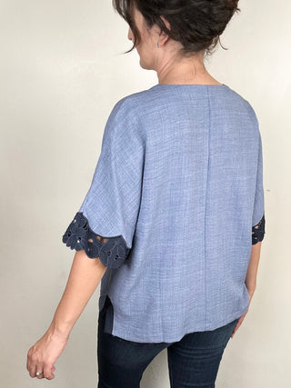 Solid Lace Trim Dolman Short Sleeve Top | Denim + Navy