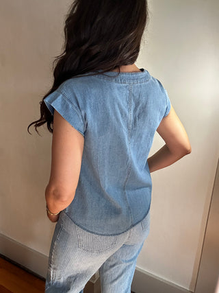 Pintuck V-Neck Top | Chambray