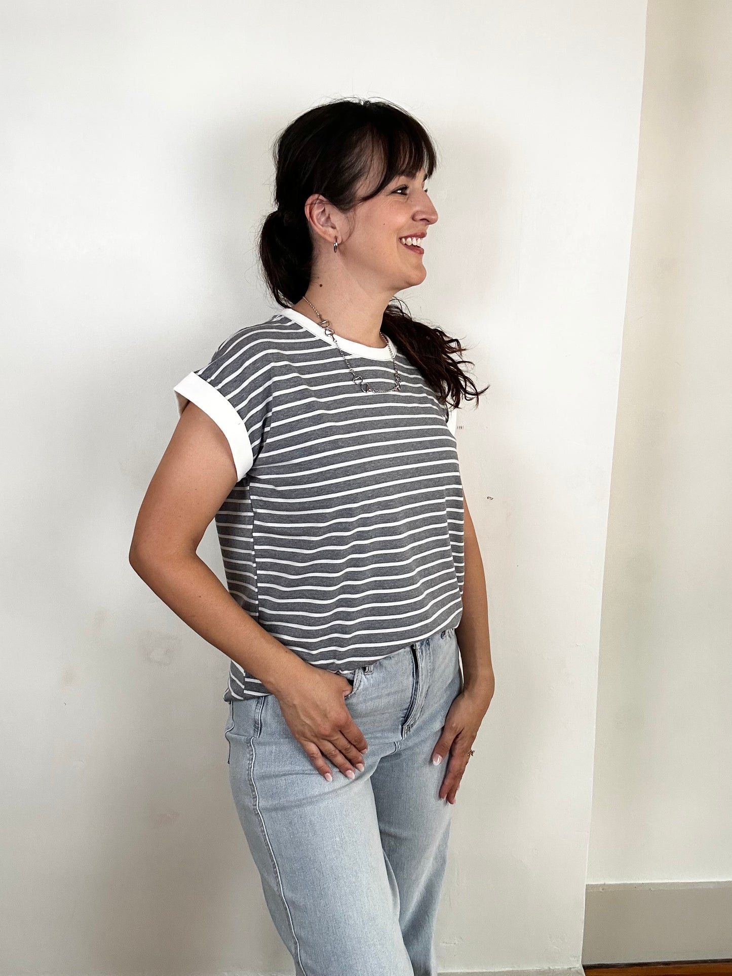 Spaced Stripe Tee w/ Contrast Trim | Charcoal + White