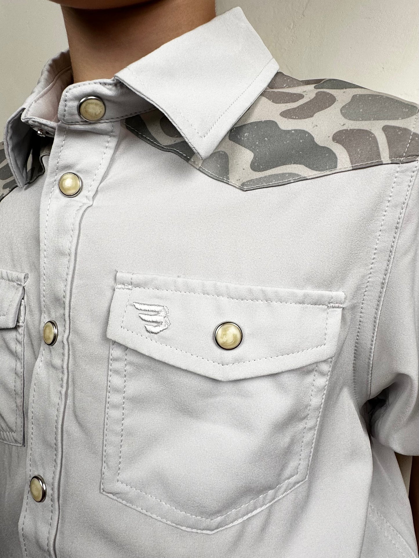 BURLEBO | YOUTH | Performance Western Shirt | Bird Szn | Light Grey + Classic Deer Camo