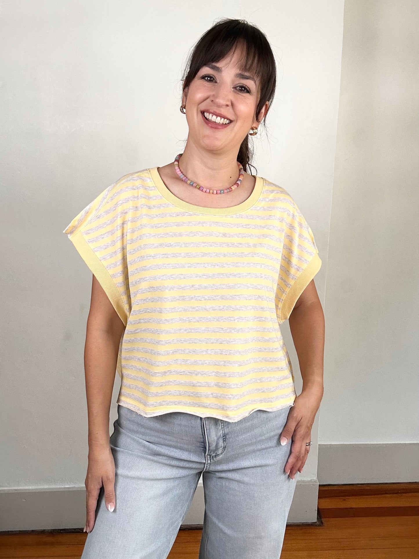 Striped Terry Open Back Short Sleeve Top | Yellow + Heather Oatmeal