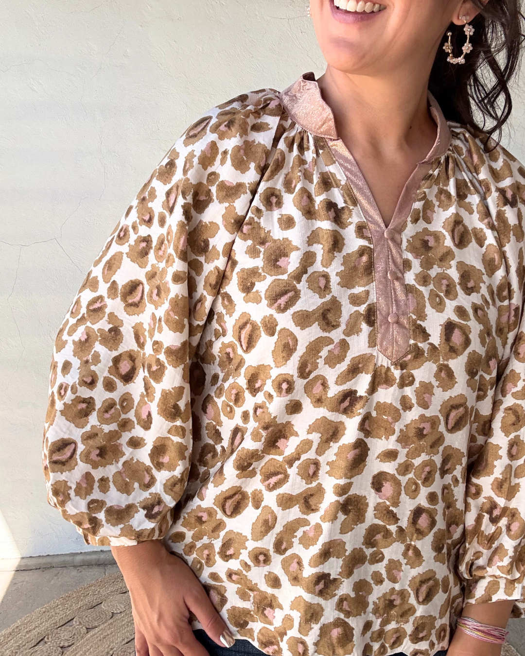 Leopard Boho 3/4 Sleeve Top | Brown