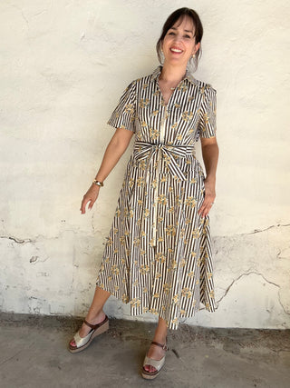 Printed Stripe Short Sleeve Midi Dress | Brown + Multi