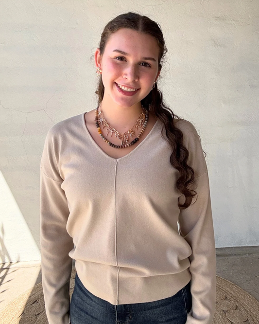 Monique V-Neck Front Seam Sweater | Oatmeal