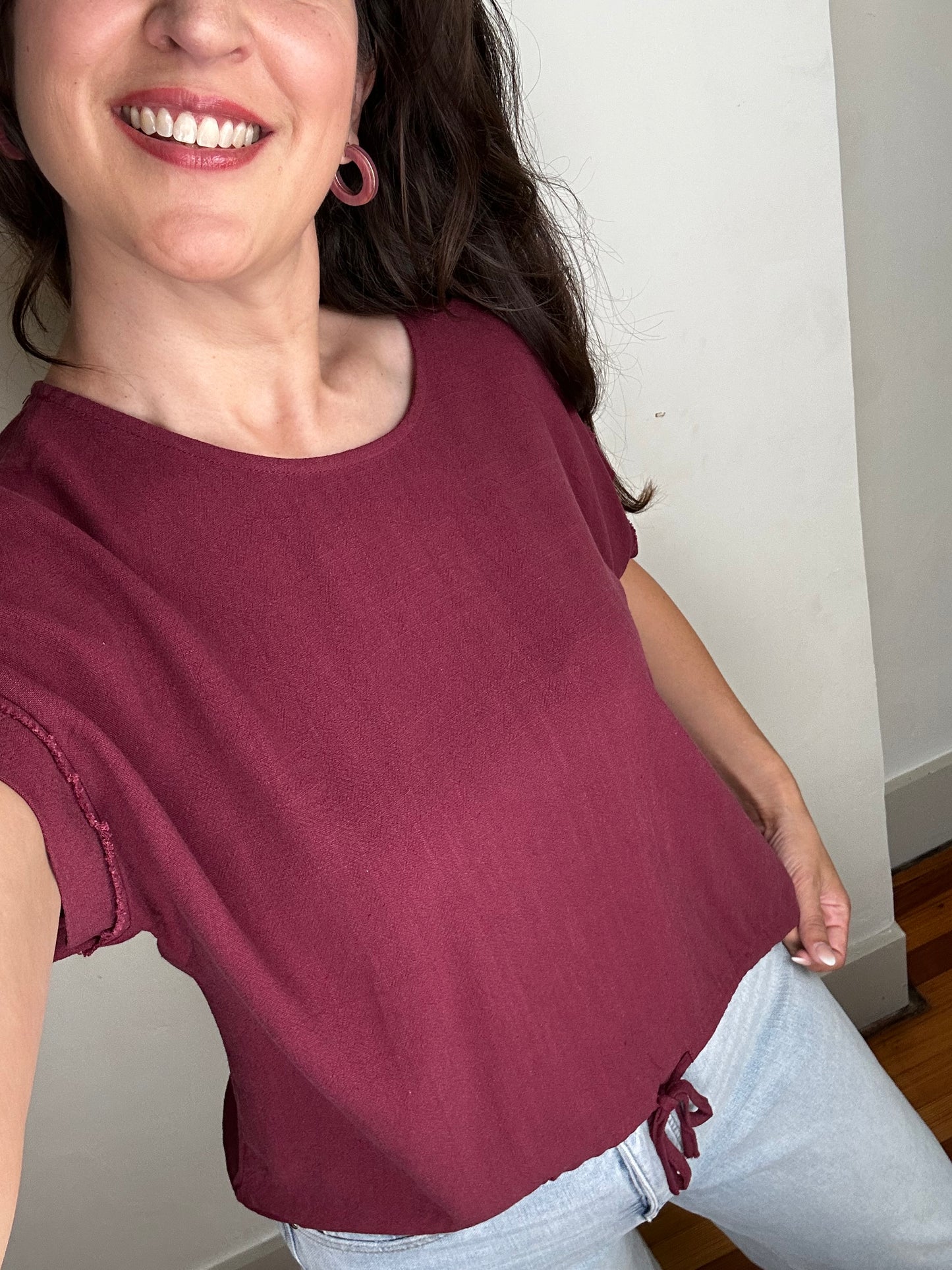 Drawstring Short Sleeve Linen Blend Top | Merlot