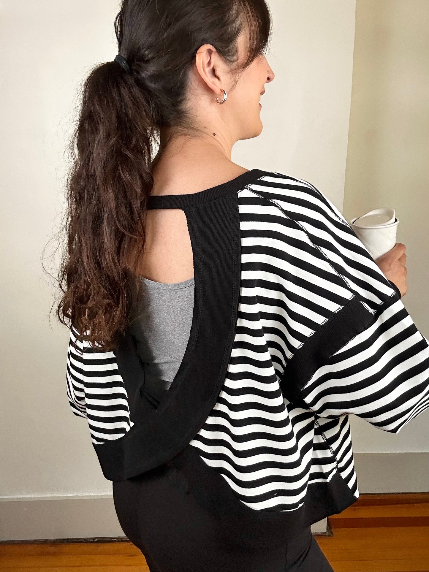 Striped Terry Open Back Long Sleeve Top | Black + White