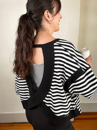 Striped Terry Open Back Long Sleeve Top | Black + White