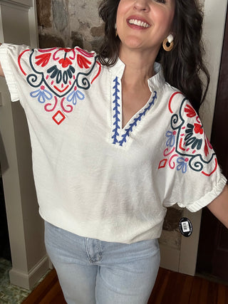 Embroidered Short Sleeve Top | Cream