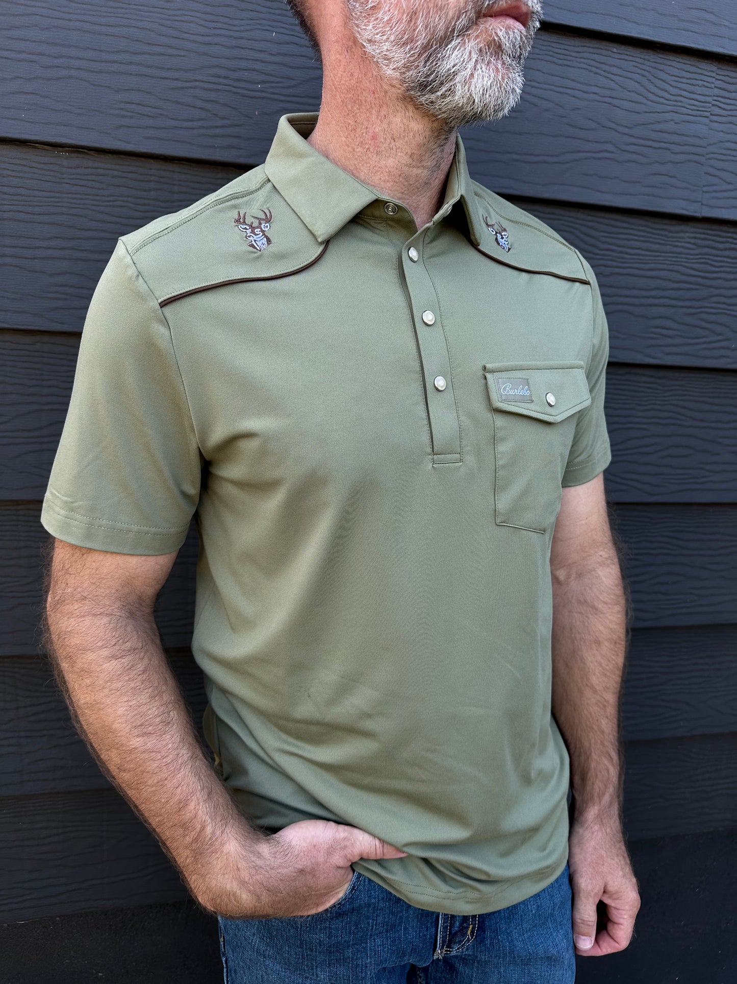 Burlebo | Pearl Snap Performance Polo | Green - Whitetail