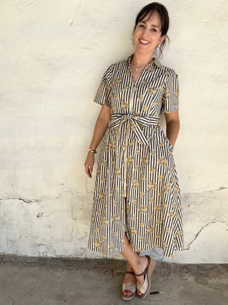 Printed Stripe Short Sleeve Midi Dress | Brown + Multi