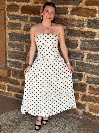Strapless Midi Dress | Khaki + Brown Polka Dots