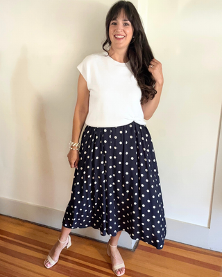 Lusso Midi Dress in Navy + White with White Sweater (Sold as a Set)