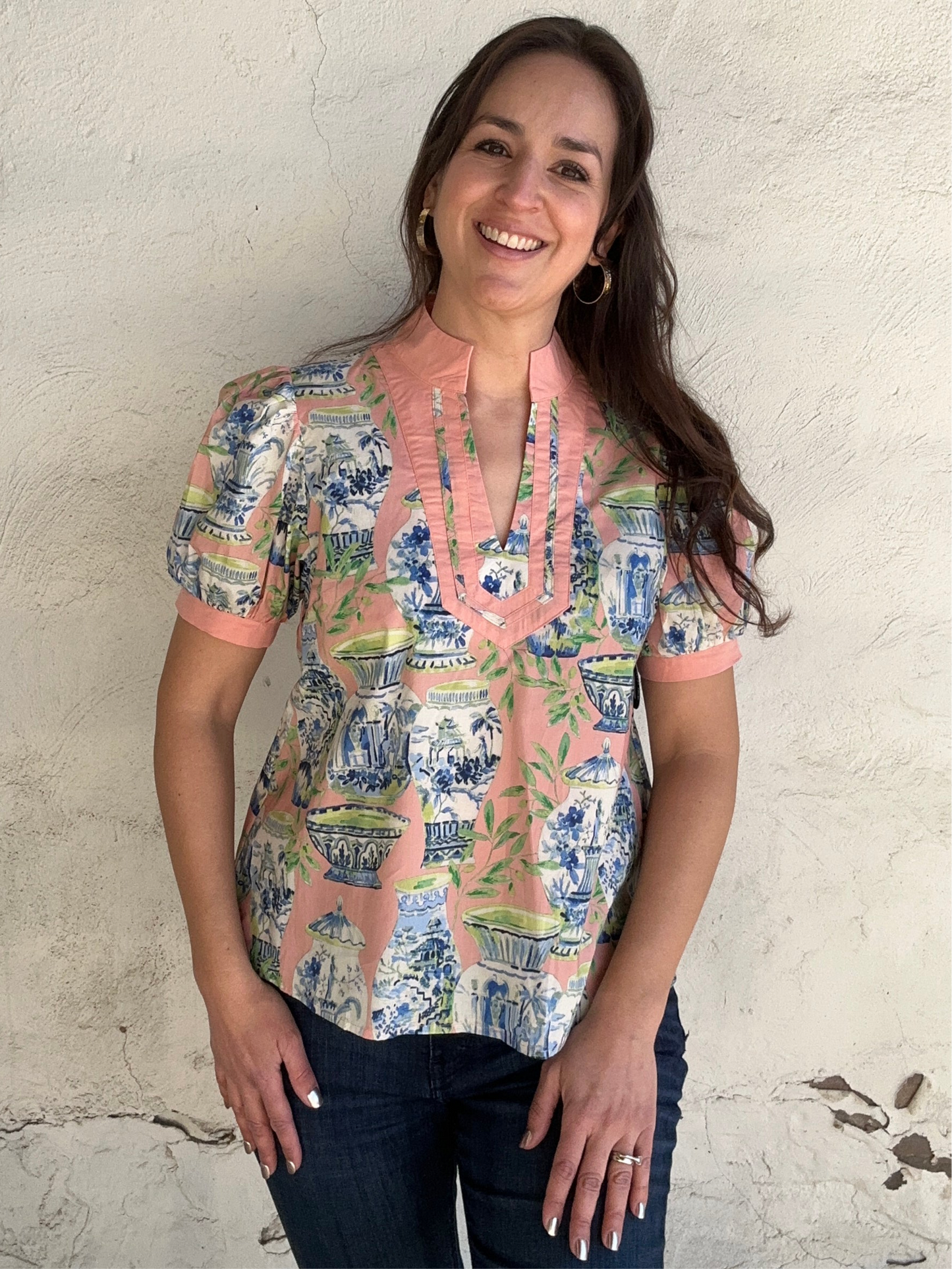 Chinoiserie Short Sleeve Top | Coral Mix