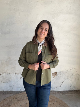 Corduroy Collar Long Sleeve Shacket | Olive