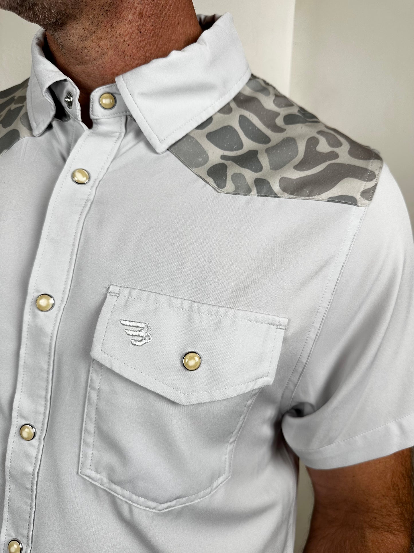Burlebo | Performance Western Shirt | Bird Szn | Light Grey + Classic Deer Camo