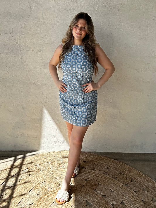 Eyelet Mini Dress | Light Denim