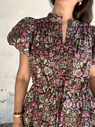 Floral Print Short Puff Sleeve Mini Dress | Brown + Multi