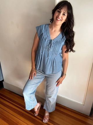 Pintuck V-Neck Top | Chambray