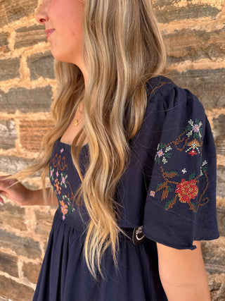 Embroidery Detail Bell Sleeve Midi Dress | Navy + Multi