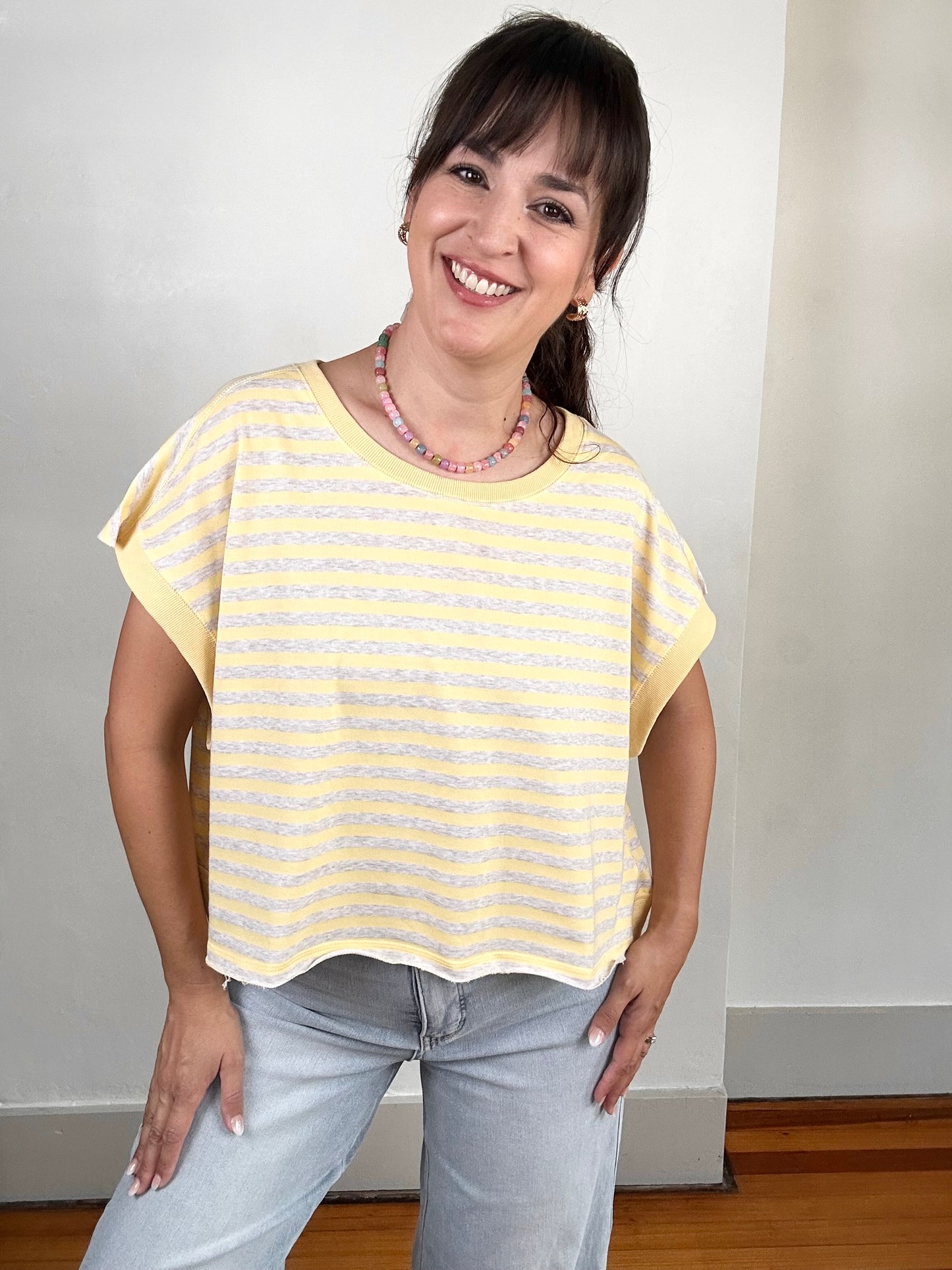 Striped Terry Open Back Short Sleeve Top | Yellow + Heather Oatmeal
