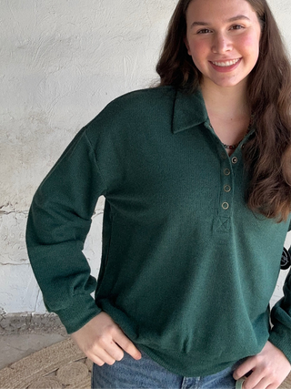 Collared Half Snap Knit Long Sleeve | Forest Green