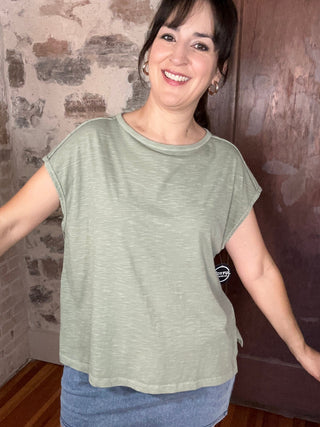 Slub Oversized Short Sleeve Top | Light Olive Green