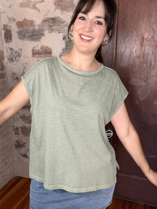 Slub Oversized Short Sleeve Top | Light Olive Green