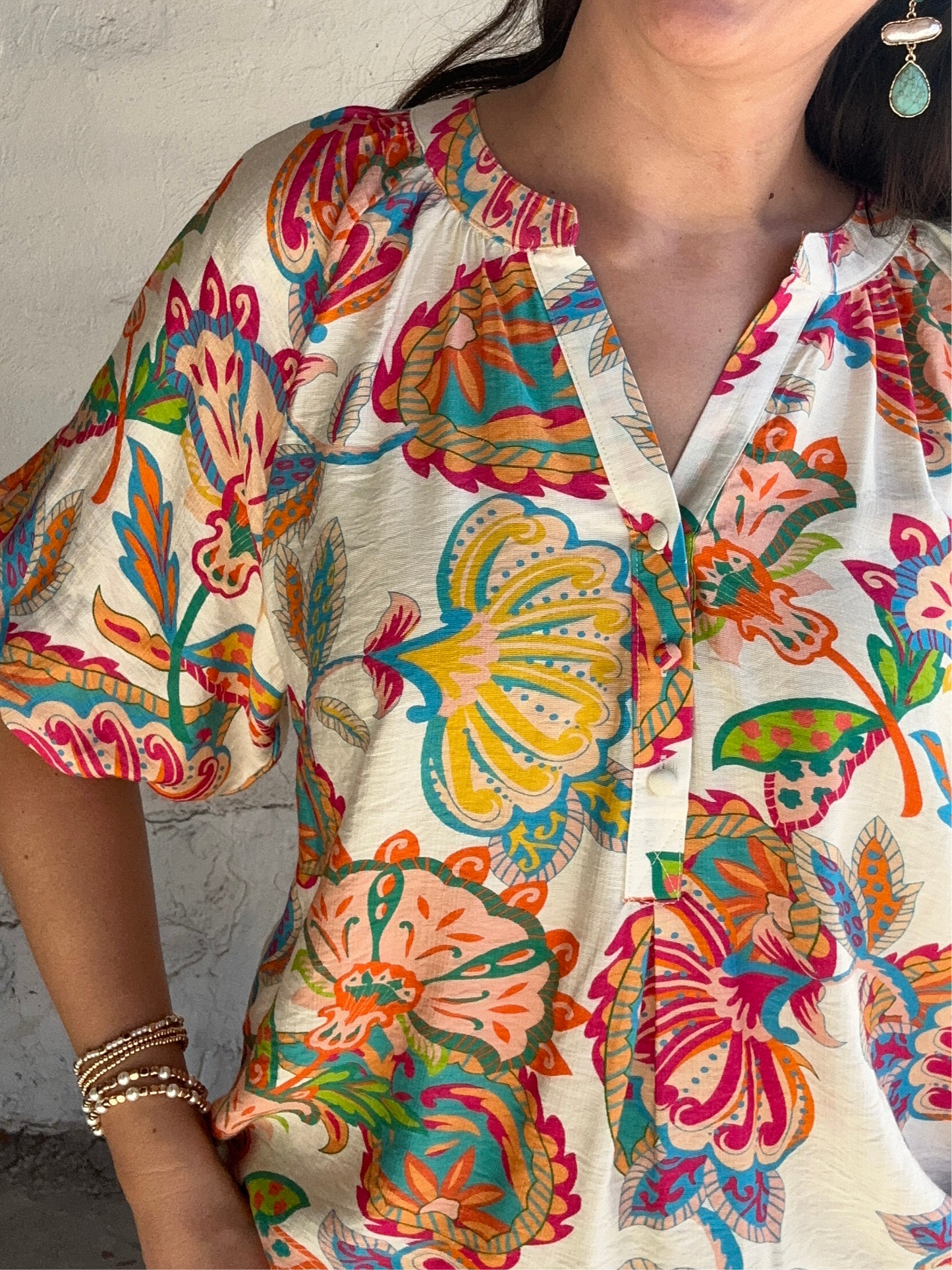 Paisley Perfection 3/4 Sleeve Top | Cream + Multi