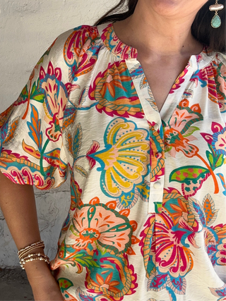 Paisley Perfection 3/4 Sleeve Top | Cream + Multi