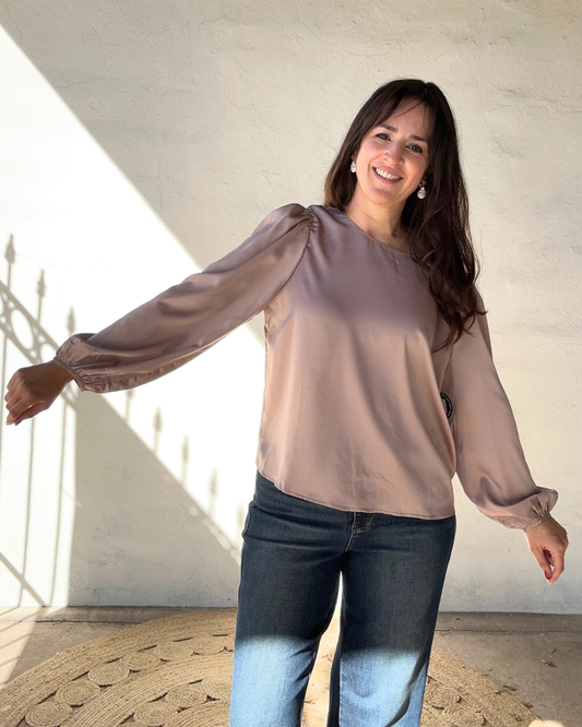 Satin Round Neck Long Sleeve Top Buttoned Cuffs | Coco