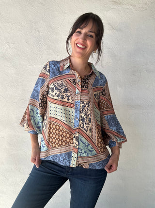 Multi-Patch Print 3/4 Sleeve Top | Blue + Multi