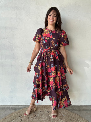 Tiered Floral Short Sleeve Midi Dress | Plum Multi