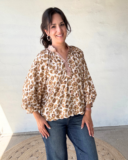 Leopard Boho 3/4 Sleeve Top | Brown