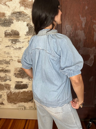 Scalloped Hem Short Sleeve Top | Light Denim