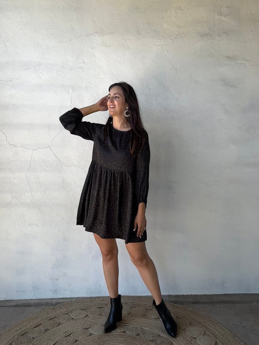 Paulina Mini Dress | Black Leopard Print on Black