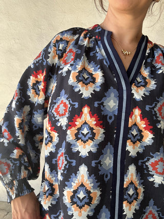 Abstract Medallion Print V-Neck Long Sleeve Blouse | Midnight Blue + Multi