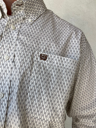Cinch Classic Fit Mens Stretch Long Sleeve Striped Diamond Print Cream