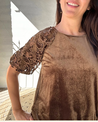 Velvet 3/4 Sleeve Button Up | Brown