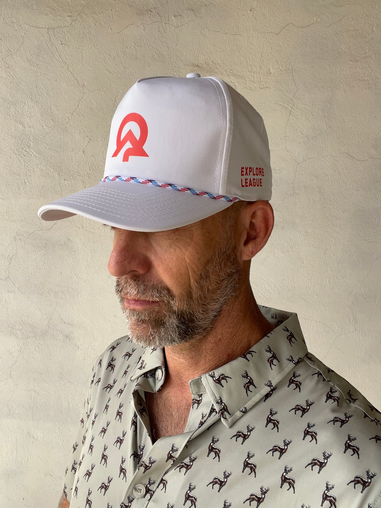 Explore League | White Cap | Red Symbol Front, Red Name Side