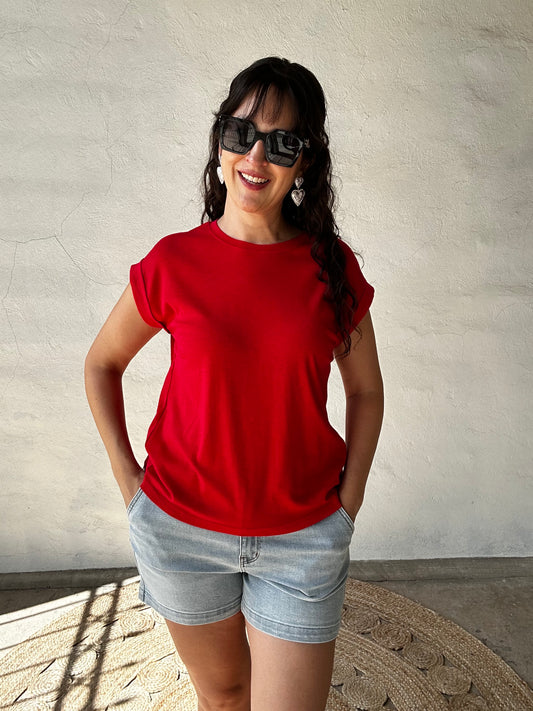 Rolled Sleeve Slub Tee | Ruby