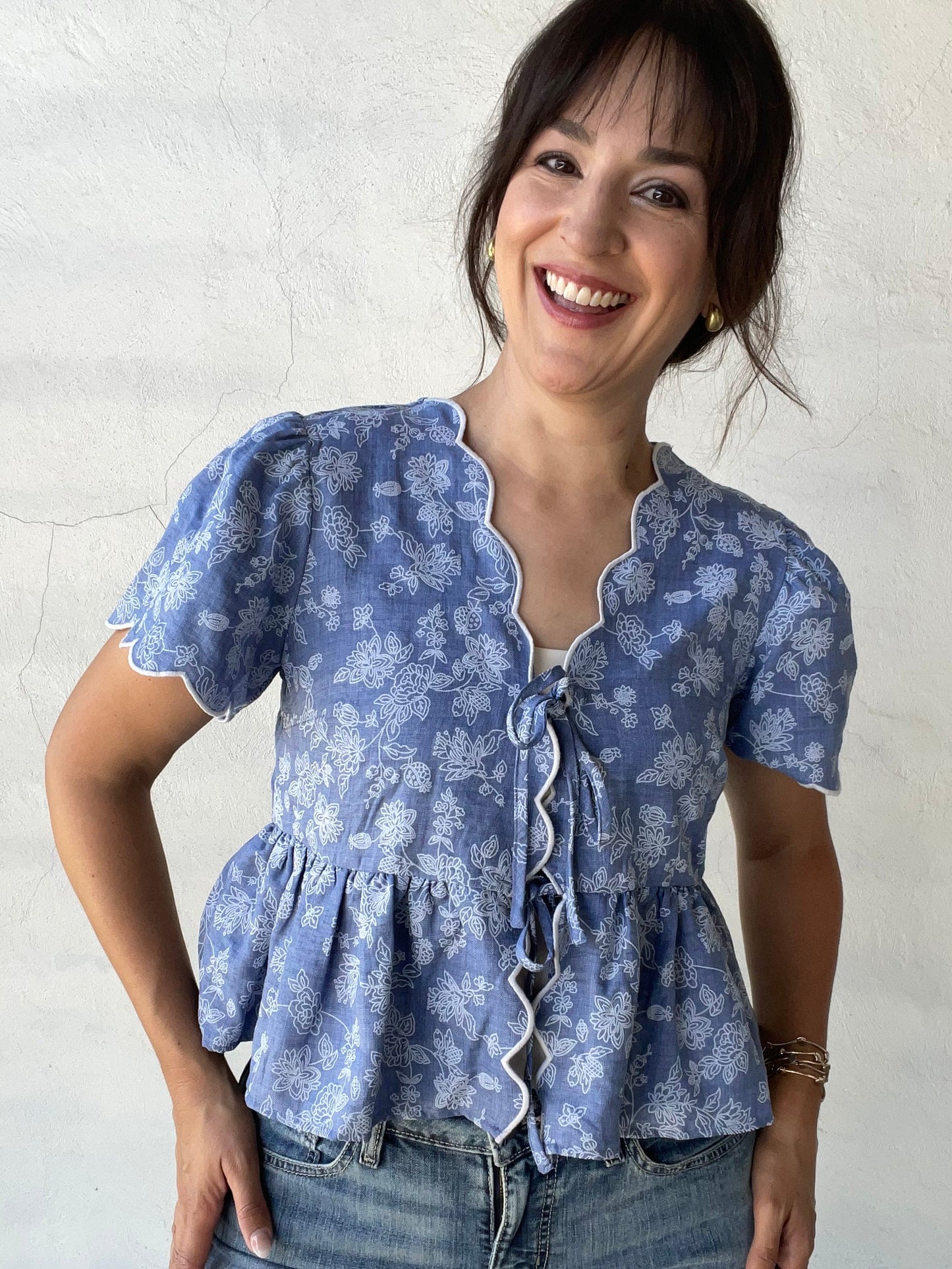 Floral Embroidered + Scalloped Peplum Top | Denim